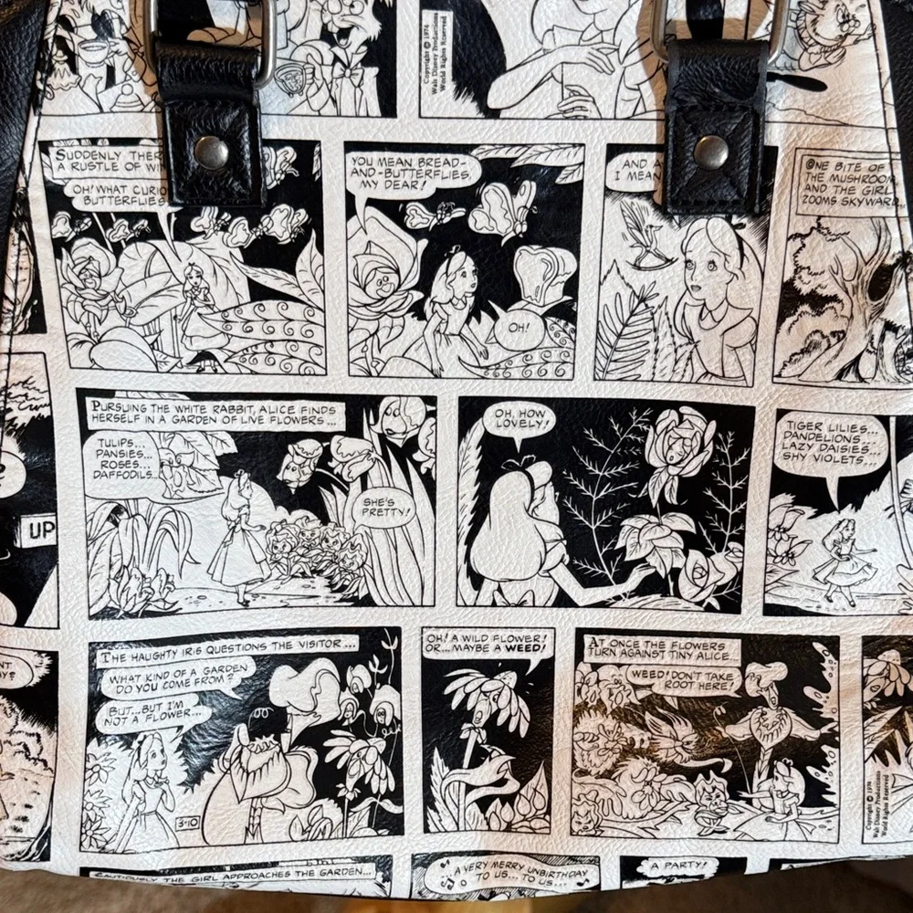 Loungefly Disney Black and White Comic Crossbody Bag, Alice in Wonderland - Picture 11 of 17